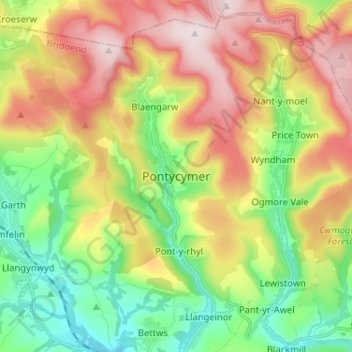 Pontycymer topographic map, elevation, terrain