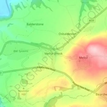 Mellor Brook topographic map, elevation, terrain