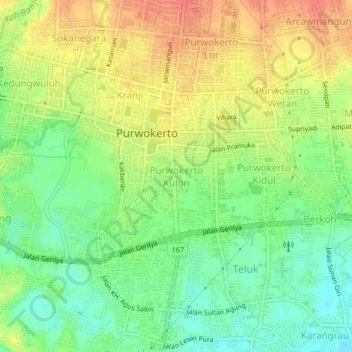 Purwokerto Kulon topographic map, elevation, terrain
