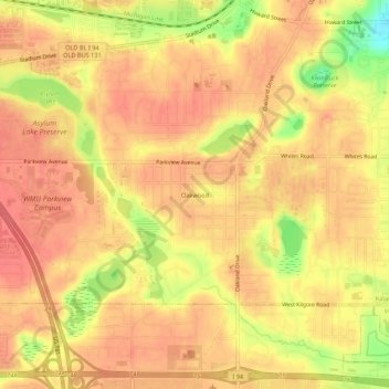 Oakwood topographic map, elevation, terrain