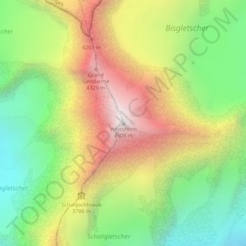 Weisshorn topographic map, elevation, terrain