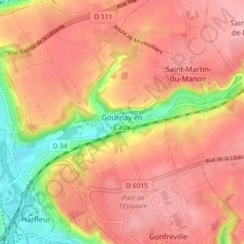 Gournay en Caux topographic map, elevation, terrain