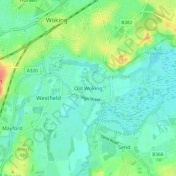Old Woking topographic map, elevation, terrain