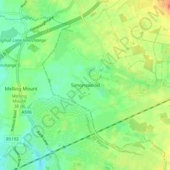 Simonswood topographic map, elevation, terrain