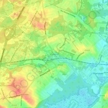 Whippany topographic map, elevation, terrain