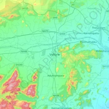 Vellore topographic map, elevation, terrain