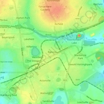 Benoni topographic map, elevation, terrain