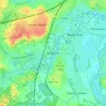 Mayford topographic map, elevation, terrain