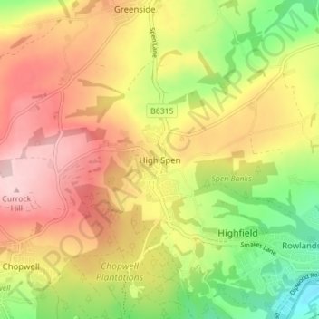 High Spen topographic map, elevation, terrain