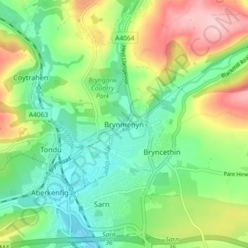 Brynmenyn topographic map, elevation, terrain