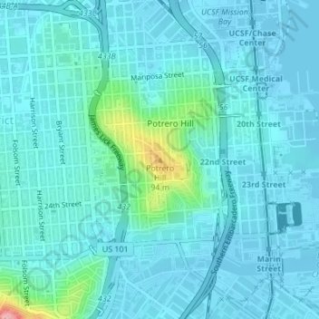 Potrero Hill topographic map, elevation, terrain