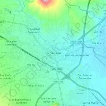 Texmelucan topographic map, elevation, terrain