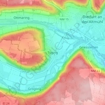 Töging topographic map, elevation, terrain