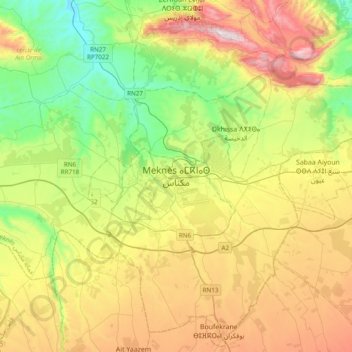 Meknes topographic map, elevation, terrain