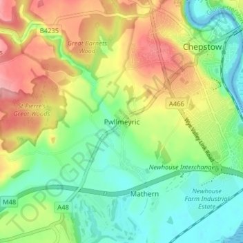 Pwllmeyric topographic map, elevation, terrain