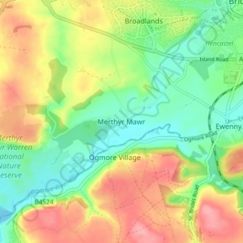 Merthyr Mawr topographic map, elevation, terrain