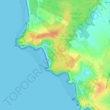 Suzac topographic map, elevation, terrain