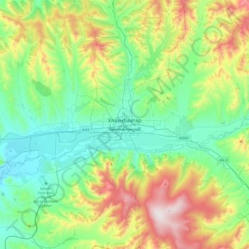 Ulaanbaatar topographic map, elevation, terrain