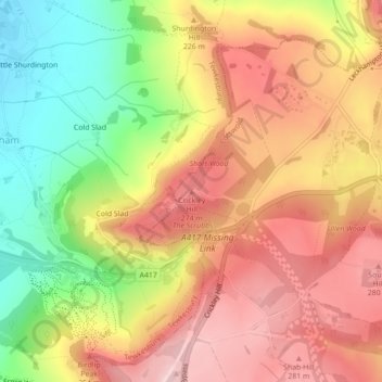 Crickley Hill topographic map, elevation, terrain
