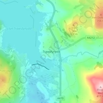 Trawsfynydd topographic map, elevation, terrain
