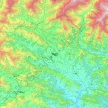 Pokhara topographic map, elevation, terrain