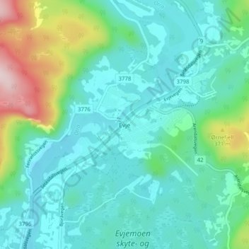 Evje topographic map, elevation, terrain