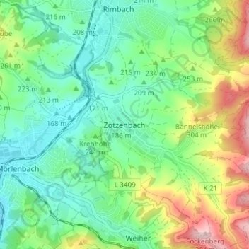 Zotzenbach topographic map, elevation, terrain