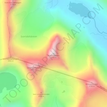 Mesmogtinden topographic map, elevation, terrain