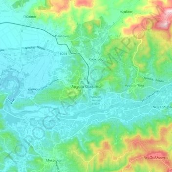 Ancient Olympia topographic map, elevation, terrain