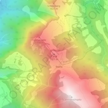 Caral topographic map, elevation, terrain