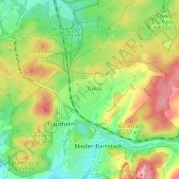 Traisa topographic map, elevation, terrain