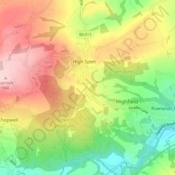 Hookergate topographic map, elevation, terrain