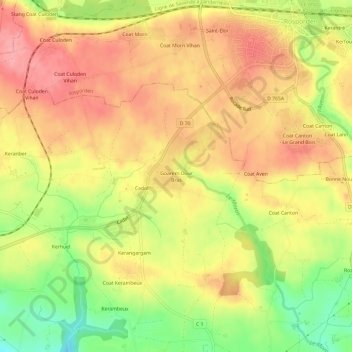 Goarem Dour Bras topographic map, elevation, terrain
