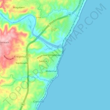 Umkomaas topographic map, elevation, terrain