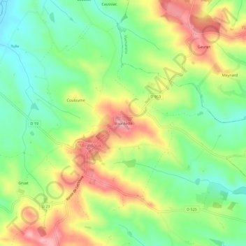 Bourdette topographic map, elevation, terrain