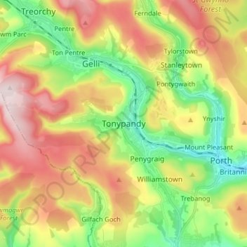 Tonypandy topographic map, elevation, terrain