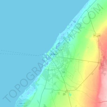 Benghazi topographic map, elevation, terrain
