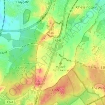 Malden Rushett topographic map, elevation, terrain