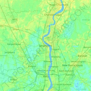 Serampore topographic map, elevation, terrain