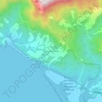 Playa Hermosa topographic map, elevation, terrain