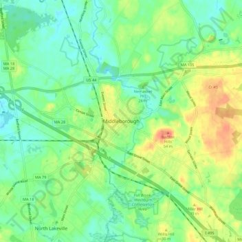 Middleborough topographic map, elevation, terrain