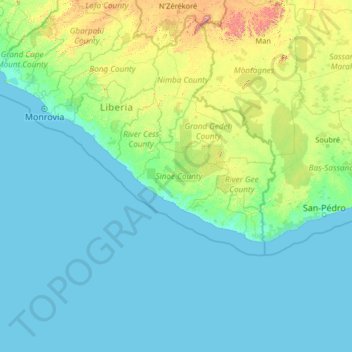 Sinoe topographic map, elevation, terrain