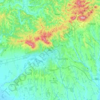 Pécs topographic map, elevation, terrain