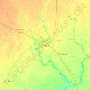 Sitapur topographic map, elevation, terrain