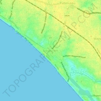 Eravipuram topographic map, elevation, terrain