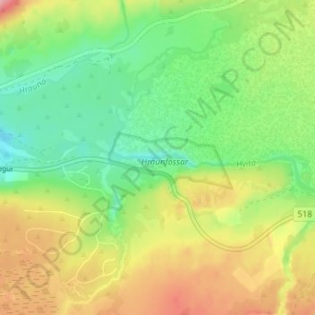 Hraunfossar topographic map, elevation, terrain