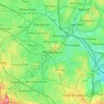 Wednesbury topographic map, elevation, terrain