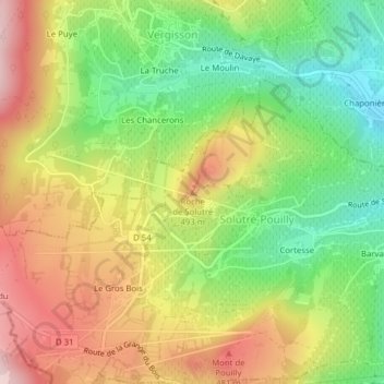 Roche de Solutré topographic map, elevation, terrain