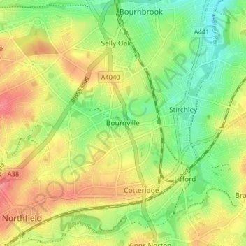 Bournville topographic map, elevation, terrain