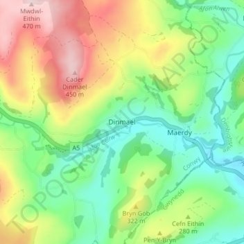 Dinmael topographic map, elevation, terrain